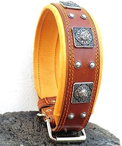 Bestia Eros brown leather collar for big dogs with rivet decoration and soft leather cushion, L- XXL size, 5 inch wide. padded. Hand made in Europe!