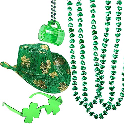 4E's Novelty St Patrick's Day Costume Party Accessories, Green Shamrock Sequined Cowboy Hat, 3 Shamrock Beaded Necklaces, 1 Beer Mug Necklace, 1 Irish Clover Sunglasses, Leprechaun Party