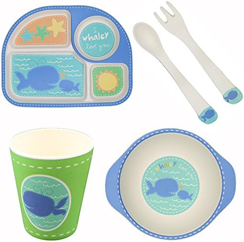 Bamboo Plates More Eco-Friendly, Cartoon Dinner Plate Sets Easily Wash Clean, 5 Pieces Kids Meal Sets For 1-6 Years Old Children's Tableware Gift-Set（Whale)