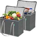 Insulated Grocery Shopping Bags [Upgraded], 2-Pack Gray, X-Large, Premium Quality Cooler Bag Set with Long Handles and Zipper Top. Reusable Tote for Warm or Cold Food, Freezer Items, Delivery