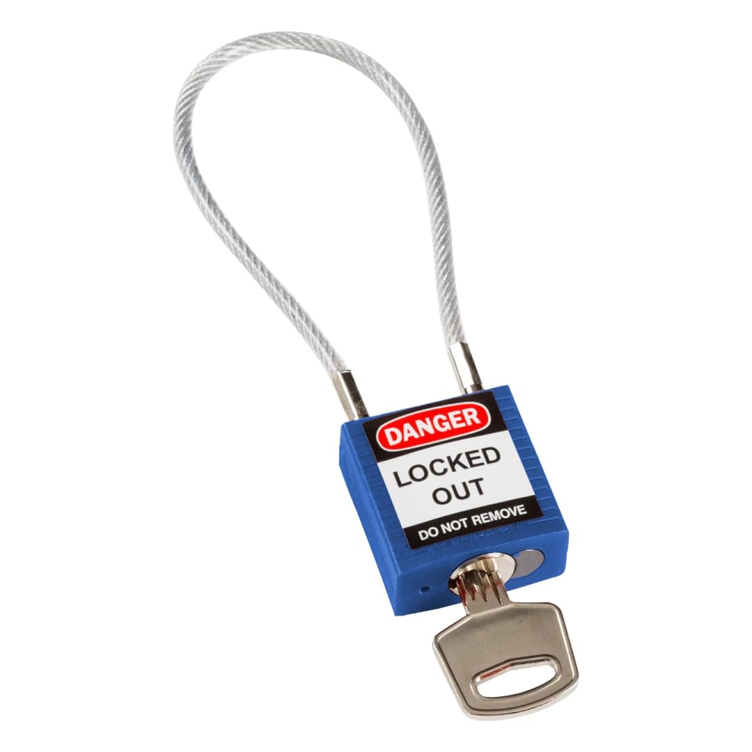Brady Compact Cable Padlock - Lockout Tagout Security Lock - Safety Padlock with Nylon Body and Sheathed Steel Cable - Keyed Differently - 32mm x 35mm x 16mm - Cable Length 200mm, Blue — image 1