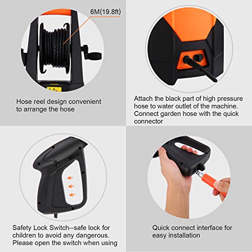 mrliance 3500PSI Electric Pressure Washer 2.0GPM Power Washer 1800W High Pressure Washer Cleaner Machine with Spray Gun, Hose Reel, Brush, and 4 Adjustable Nozzle (Orange)
