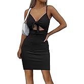Rooscier Women's Tie Knot Cutout Spaghetti Straps Sleeveless Bodycon Sexy Knit Mini Dress Black Medium