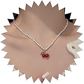 Iaceble Vintage Red Cherry Pendent Necklace Gold Pearl Choker Necklace Cherry Pearl Necklace Acrylic Cherry Necklace Weddings Pearl Necklace Jewelry for Women