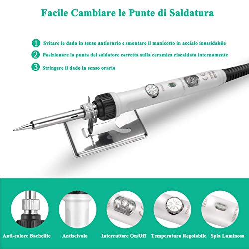 Soldadores de Estaño Electronica, SREMTCH [Nuevo Diseño] 60W Kit del Soldador de 220 ℃ a 480℃ Temperatura Ajustable con Interruptor 5pcs Puntas Diferentes, Soporte, Alambre de Soldadura