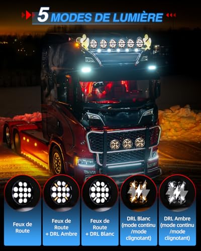 BraveWAY 9 Inch LED Work Light 2 PCS Long Range Led Headlight with Orange/White Flashing Light, 12 V - 24 V, E9 Approved for Car, Truck, Tractor, Front Lights