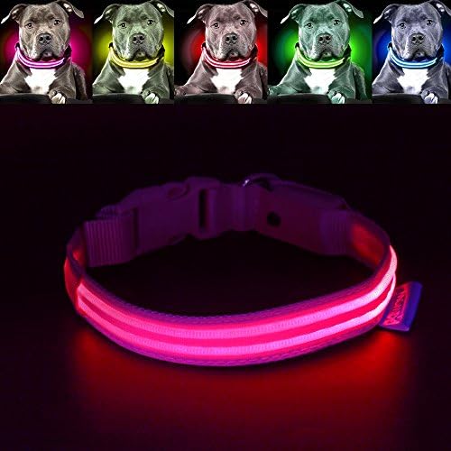 Pawow LED Dog Collar, USB Rechargeable, Keep Your Dog Visible & Safe, Nylon Double Light Strips Night Safety Collar for Large Dogs (13.6-20.3"), Pink