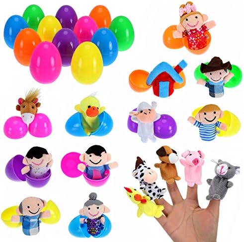 SUPON 12 Pieces Easter Eggs with Finger Puppet, Prefilled Colorful Eggs for Easter Theme Party Favor, Easter Eggs Hunt, Basket Stuffers Fillers, Classroom Prize Supplies (16 Finger Puppets)