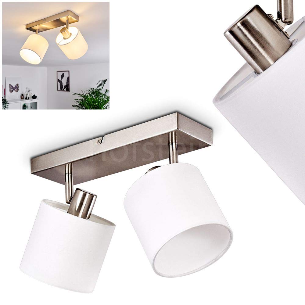 Alsen Ceiling lamp, Metal/Fabric Ceiling lamp in matt Nickel/White, 2-Flame, with Adjustable spotlights, 2 x E14, Spotlight with Fabric lampshades in Retro/Vintage Design, Without Light Bulb