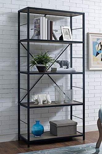 Book Cases Shelves-Bookself - Etagere Grey Wash Wood Black Metal Frame with Five Shelves - Display Space to Showcase Your Books
