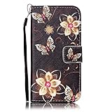 Urberry Iphone 7 Wallet Case, Black Flower Print Case for Iphone7, Shock-proof Case with a Free Screen Protector