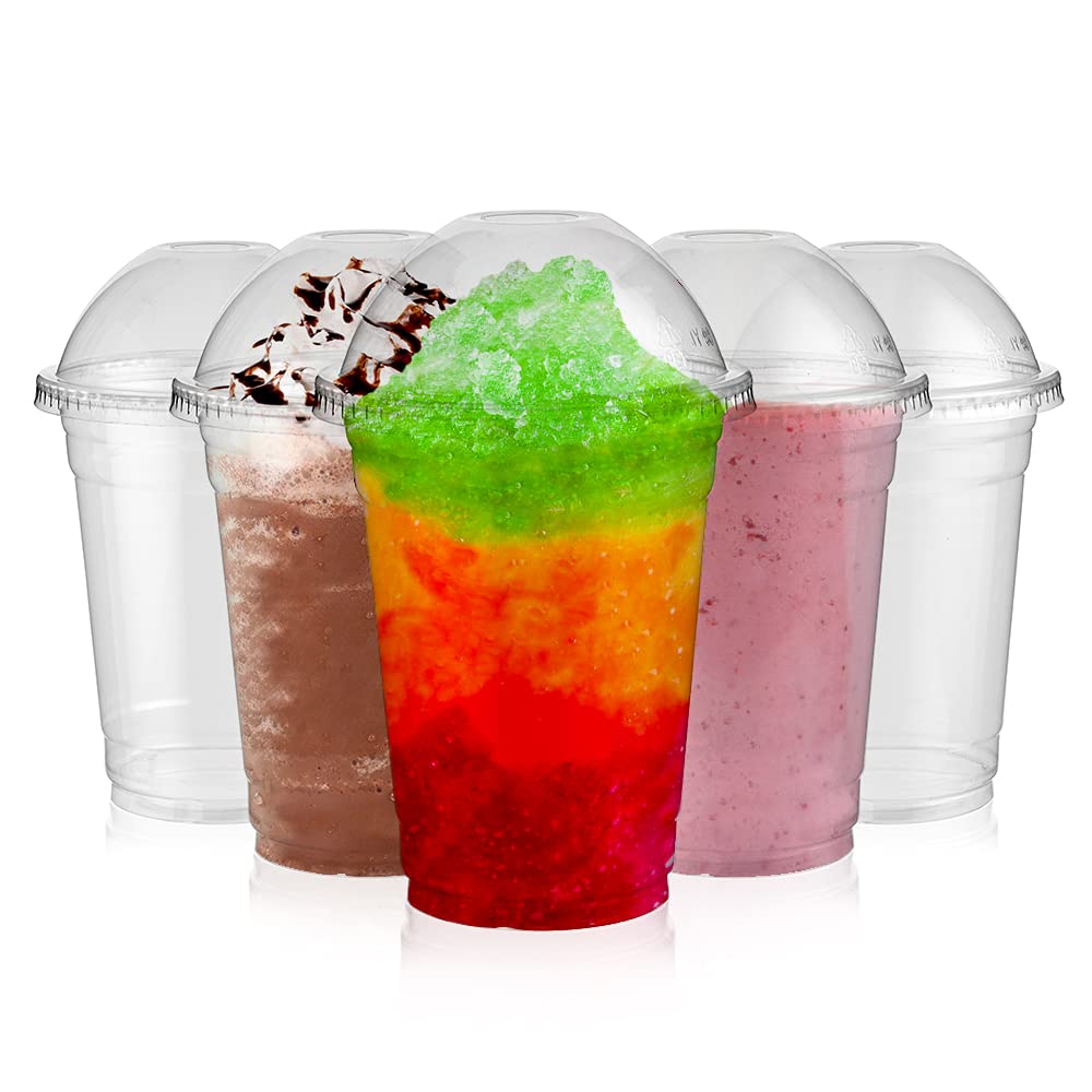 Signature Packaging Disposable Plastic Party Cups Heavy Duty for Cold Drink, Smoothies and Refreshments for Parties, Picnics, and Takeaway - 473ml Cups + Dome Lids Pack of 50 Cups + 50 Lids
