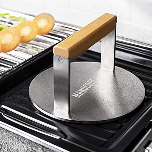 Manucode HeavyDuty Smash Burger Press, Stainless Steel Round Bacon