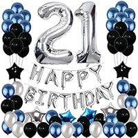 21st Birthday Decorations, Yoart 21 Birthday Party Decoration Balloons Party Supplies Blue and Silver Black Foil Star Balloons for Women Men 80pcs