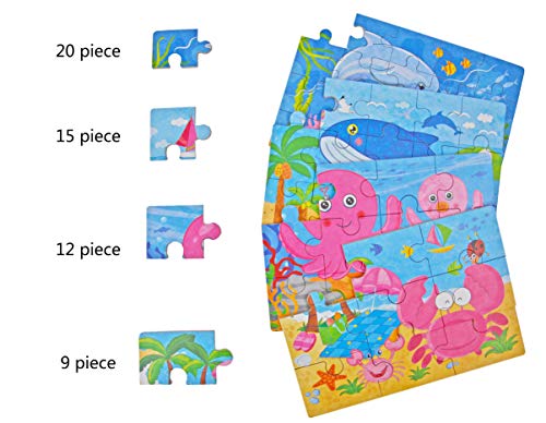 Vileafy Marine Organism Series Jigsaw Puzzle Sets, 4-Pack 4 Complexities, Best for 3-5 Years Old Babies to Develop Dexterity and Problem Solving, Free Iron Box for Easy Storage, 6 1/2" X 4 1/2".