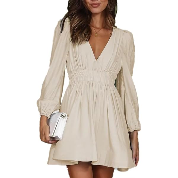 long sleeve deep v mini dress Brown Long Sleeve Mini Dress Deep V Ruched A-Line Dress  ZINNTRA