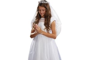 Sacred Traditions Girls First Communion White Satin and Tulle Veil with Faux Pearl Tiara, 26 Inch