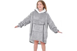 XYNHML Oversized Blanket Hoodie for Kids Flannel Sherpa wearable sweatshirt blanket Snuggies Warm Plush Hooded Blanket Light Grey with Huge Pocket and Elastic Sleeve