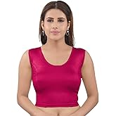 TMS Women's Blouses Readymade Gold Stretchable Saree Crop Top Choli Free Size Sparkling (Deep Pink Sleeveless, One Size (Can fit bust size 28"-38"))