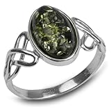Sterling Silver Green Amber Celtic Knot Oval Ring