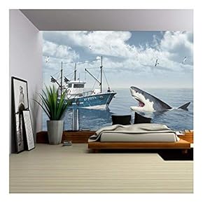 Fishing Trawler and Great White Shark - Removable Wall Mural | Self-Adhesive Large Wallpaper - 66x96 inches