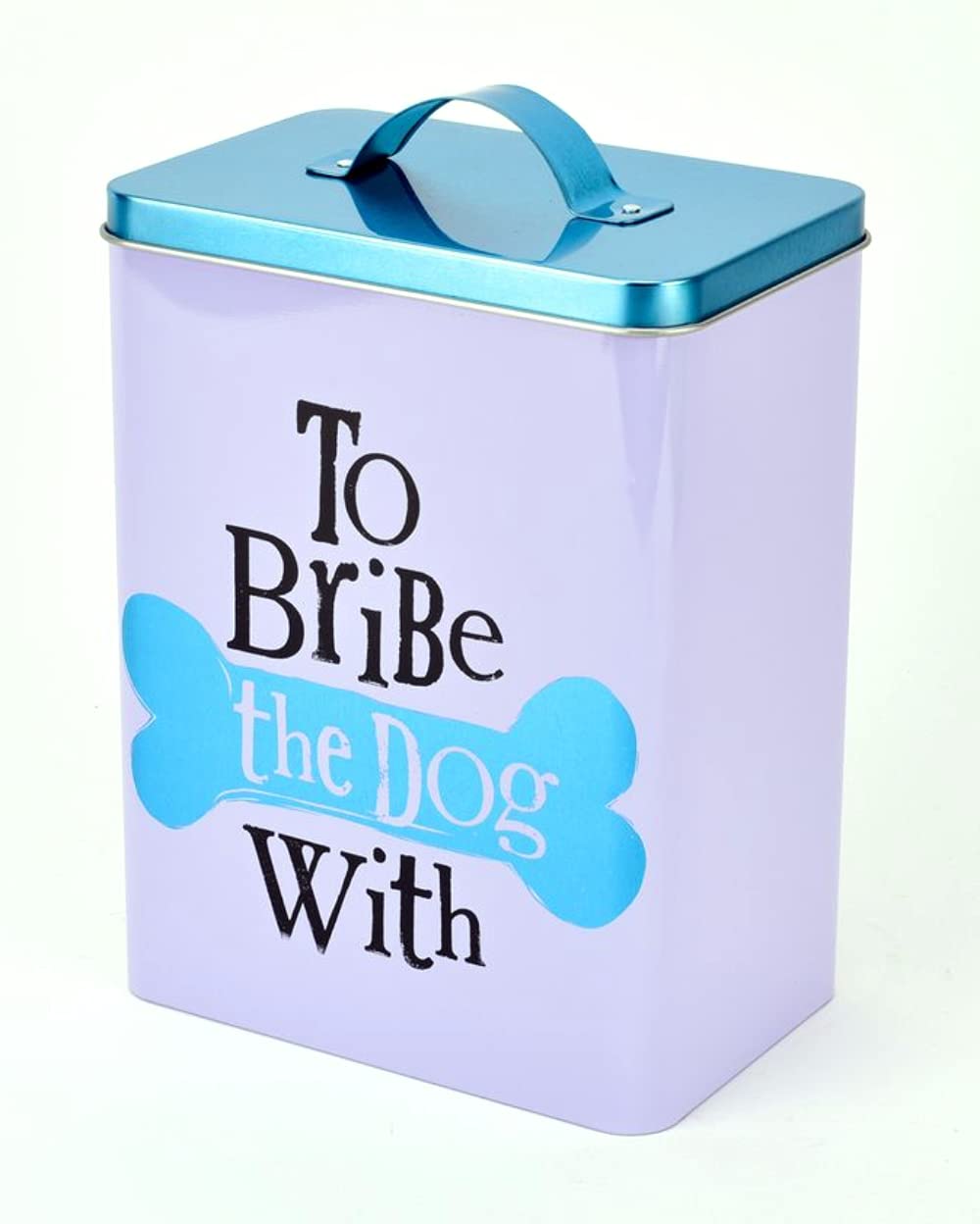 Widdop and Co Fun, Humorous Dog Biscuit Treat Storage Tin - To Bribe the Dog With - White, Black, Metallic Aqua Blue - 22.5cm