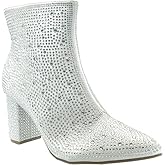 Forever Women Rhinestone Block Chunky Heel Ankle Bootie Iceberg 12 shoes White 8.5