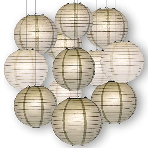 Quasimoon Paperlanternstore.com White, Silver and Grey Celebration Party Pack Parallel Ribbed Paper Lantern Combo Set (12 pc Set)
