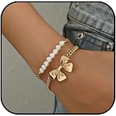 KONPJE Pearl Bow Bracelet for Women Gold Stack Pearl Beaded Bracelet Chunky Bow Knot Chain Bracelet Adjustable Small Ball Charm Bracelet Trendy Jewelry Accessories