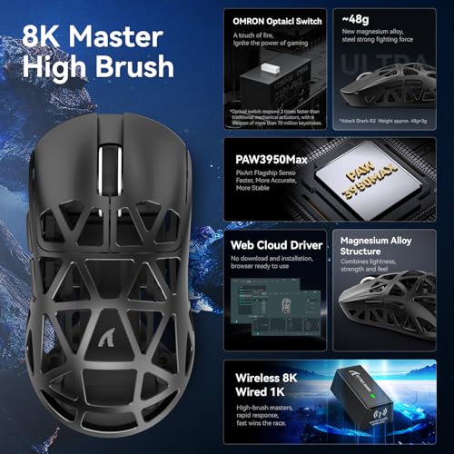 ATTACK SHARK R2 Magnesium Alloy Gaming Mouse, PixArt PAW3950 Sensor, Wireless 8K, 48g Superlight, BT/2.4G/Wired, Adjustable DPI 42000, for Win11/Xbox/PS/Mac