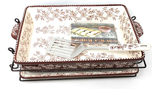 Click Here to See More Images Temp-tations 4 Qt Baker Casserole Dish (13x9) w/ Cookie Sheet/Lid-It, Cover, Server, & Rack (Floral Lace Brown)