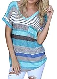 Anermy Women Summer Casual V Neck Short Sleeve Stripe Pocket T-shirt Top