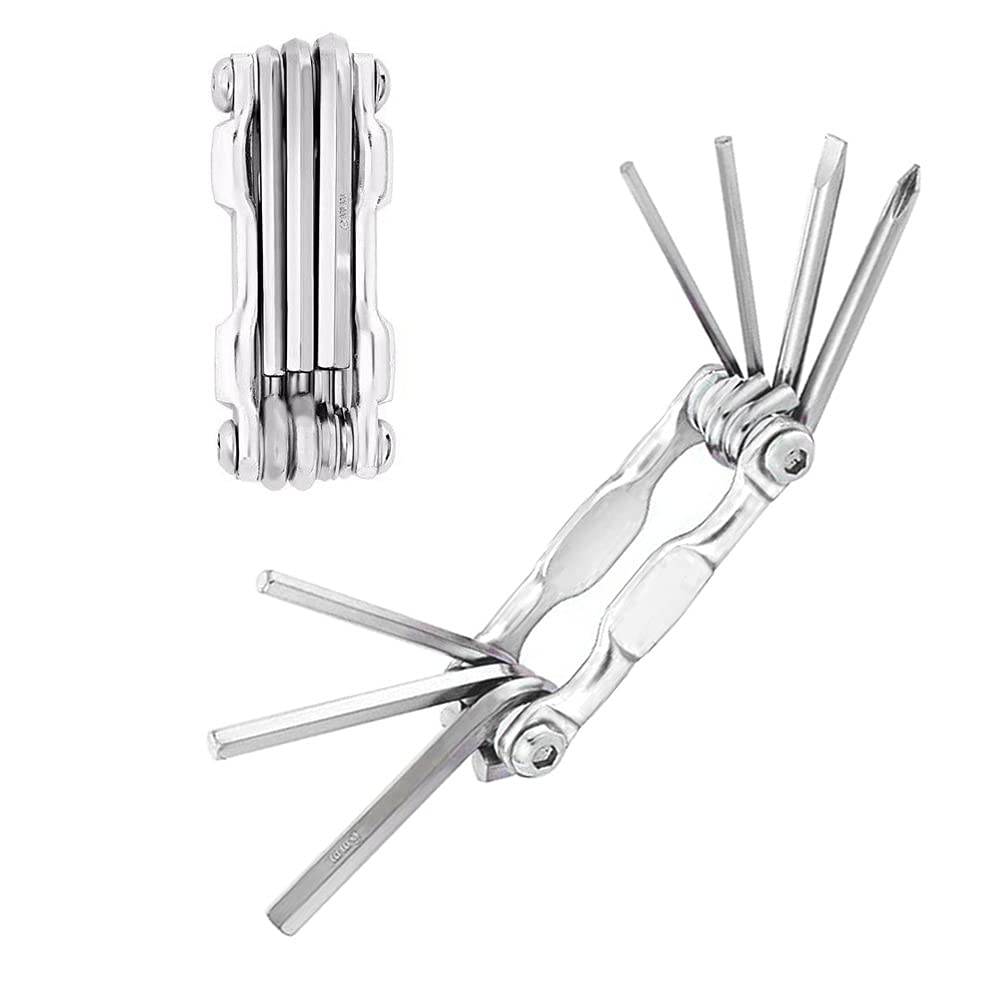 QitinDasen 7 in 1 Multifunctional Bike Repair Tool, Portable Foldable Bicycle Repair Tool, Mini Stainless-Steel Bike Repair & Maintenance Tool Kit (Silver)