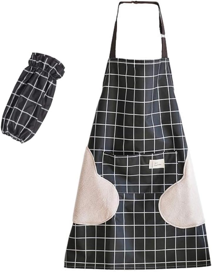 PVC Aprons for Adults Waterproof Cooking Apron for Women with Pockets Painting Aprons Girls for School with Sleeves (Black)
