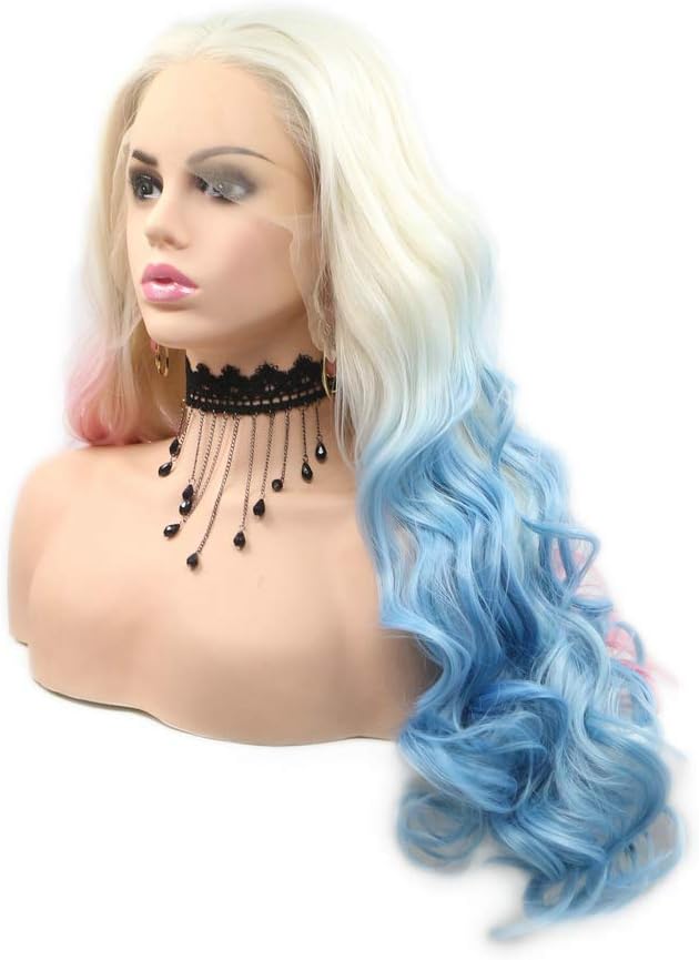 RainaHair Middle Part Synthetic Lace Front Wigs Long Body Wave Blonde Ombre Half Pink Half Blue Halloween 24 INCH Cosplay Wigs 24inches DC Heros Cosplay - Image 3