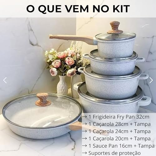 Conjunto de Panelas de Cerâmica Antiaderente Revestido de Granito, 5 Peças, Cozinha Saudável, Livre de PFOA (Branco)