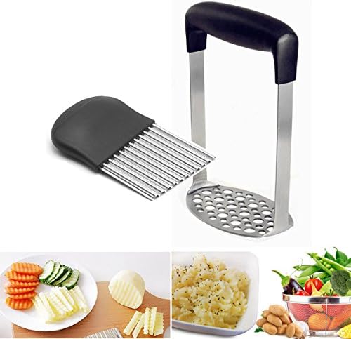 Potato Masher and Wavy Crinkle Knife/French Fry Slicer Stainless Steel Set-Best Multifunctional Potatoes heavy duty maker,PACK of 2