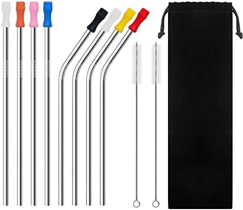 Set of 8 Stainless Steel Drinking Straws and Silicone Silencers,with 2 Cleaning Brushes, 8.5 inch Drinking Straw (4 Straight and 4 Bend) for 20 oz Tumbler,Fit for Yeti Rtic