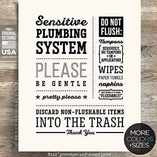 8x10" *UNFRAMED PRINT* Cute Do not Flush Bathroom Sign Septic System Sensitive Plumbing Disposal Bag Feminine Sanitary Product Tampon Paper Towel Decor Hotel Restaurant Office airbnb Art Toilet Gentle - Thumbnail 7