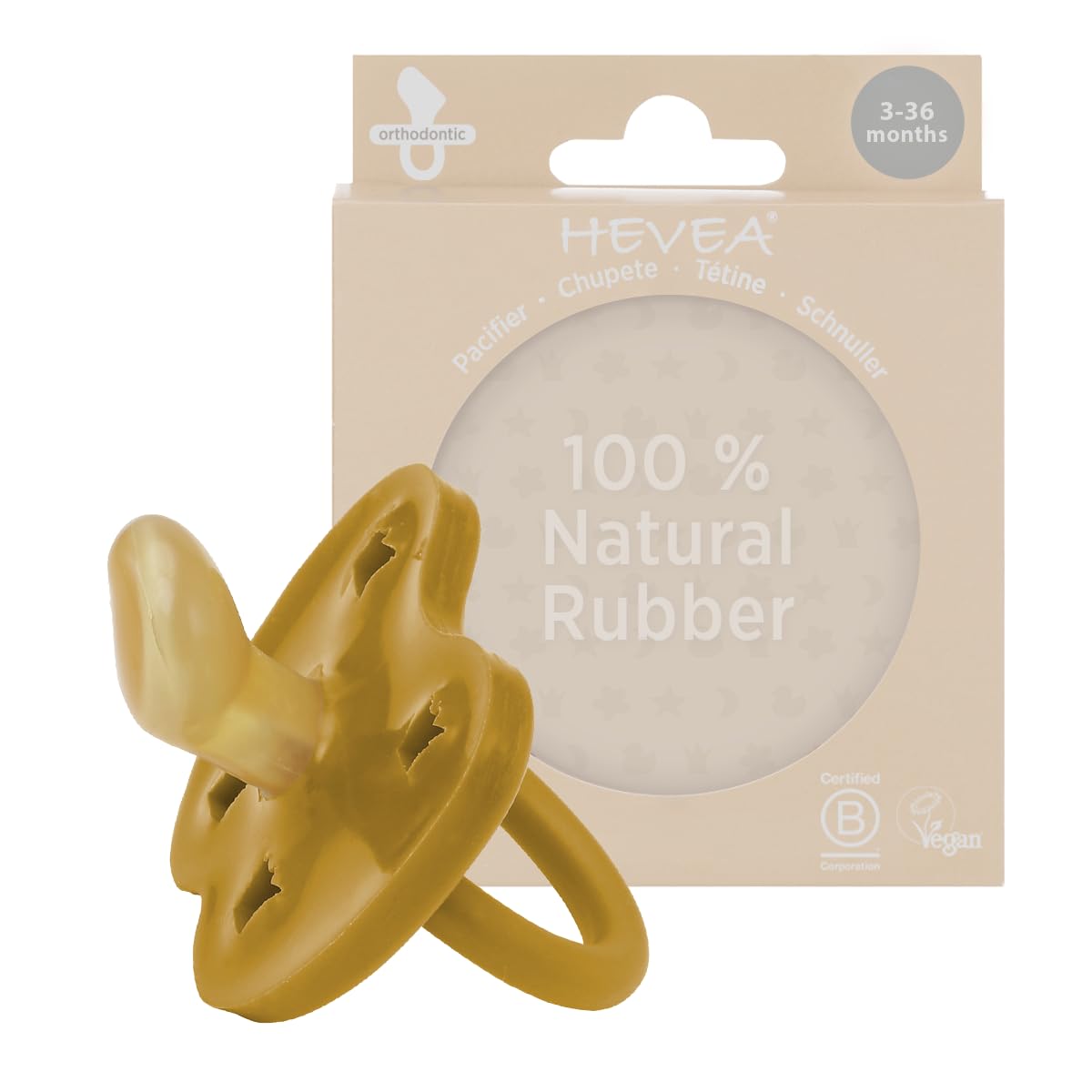 HEVEA Natural Rubber Dummy Pacifier Orthodontic 3-36 Months Single-Pack (Golden Honey)