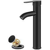 gotonovo Vessel Sink Faucet Modern Tall Bathroom Faucet Single Handle One Hole Stainless Steel Vanity Lavatory Rv Bowl Basin Mixer Tap with Supply Lines and Metal Pop Up Drain, Matte Black