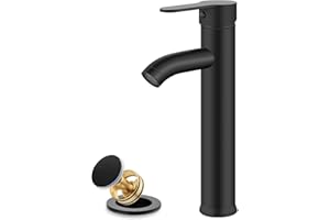 gotonovo Vessel Sink Faucet Single Handle Tall Bathroom Faucet 1 Hole Deck Mount Lavatory Vanity Modern Mixer Tap with Water Supply Lines and Metal Pop Up Drain, Matte Black