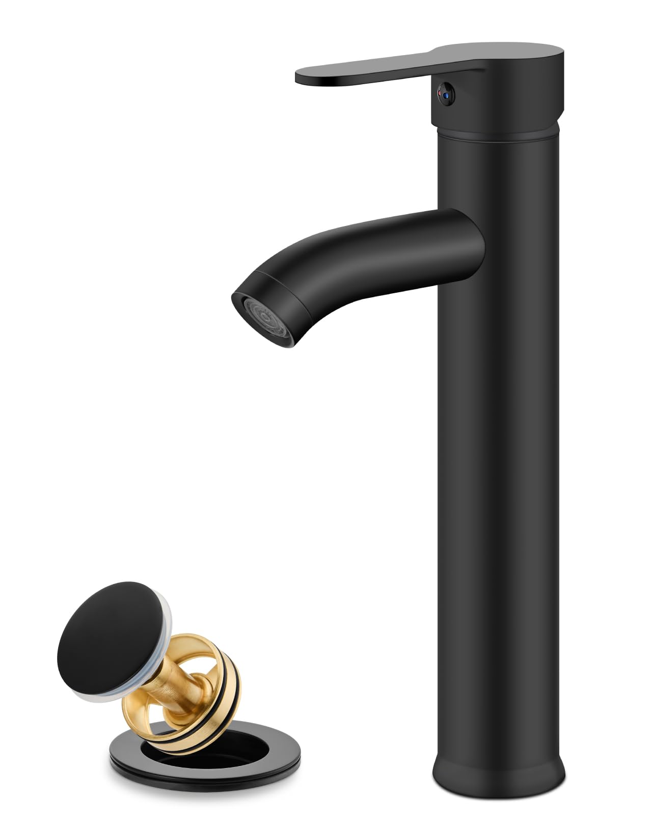 Photo 1 of gotonovo Vessel Sink Faucet Modern Tall Bathroom Faucet Single Handle One Hole Stainless Steel Vanity Lavatory Rv Bowl Basin Mixer Tap with Supply Lines and Metal Pop Up Drain, Matte Black