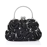 Emour Women Satin Rose Rhinestone Pure Color Handbag Evening Bags Wedding Handbags Carved Handle (Black)