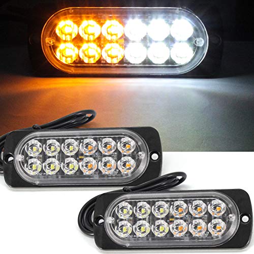 Emergency Hazard Strobe Light 12 LED Warning Flashing Light Side Warning Light Universal for 12-24V Car Vehicle Truck Trailer Caravan Camper Van White & Amber(Pack of 2)