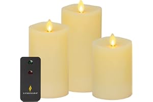 Luminara Realistic Flameless LED Set of 3 Ivory Pillar Candles, Home Safe Moving Flame Melted Top Illumination, Battery Operated Remote Control w/Timer