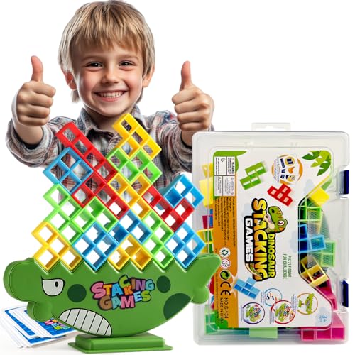 Lktvys 48PCS Dinosaur Stack Attack Balance Game – Portable Carry Box, Exciting Fun for Kids Ages 3-8 & Adults, Perfect for Family Bonding and Challenging Team Play