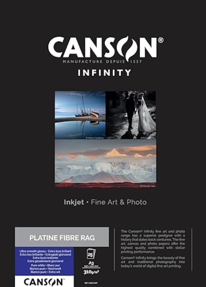 CANSON Infinity Platine Fibre Rag Ultra Smooth Glossy 310gsm A3 Paper, Digital Darkroom Papers, 25 Pure White Sheets, Ideal for Professional Photographers