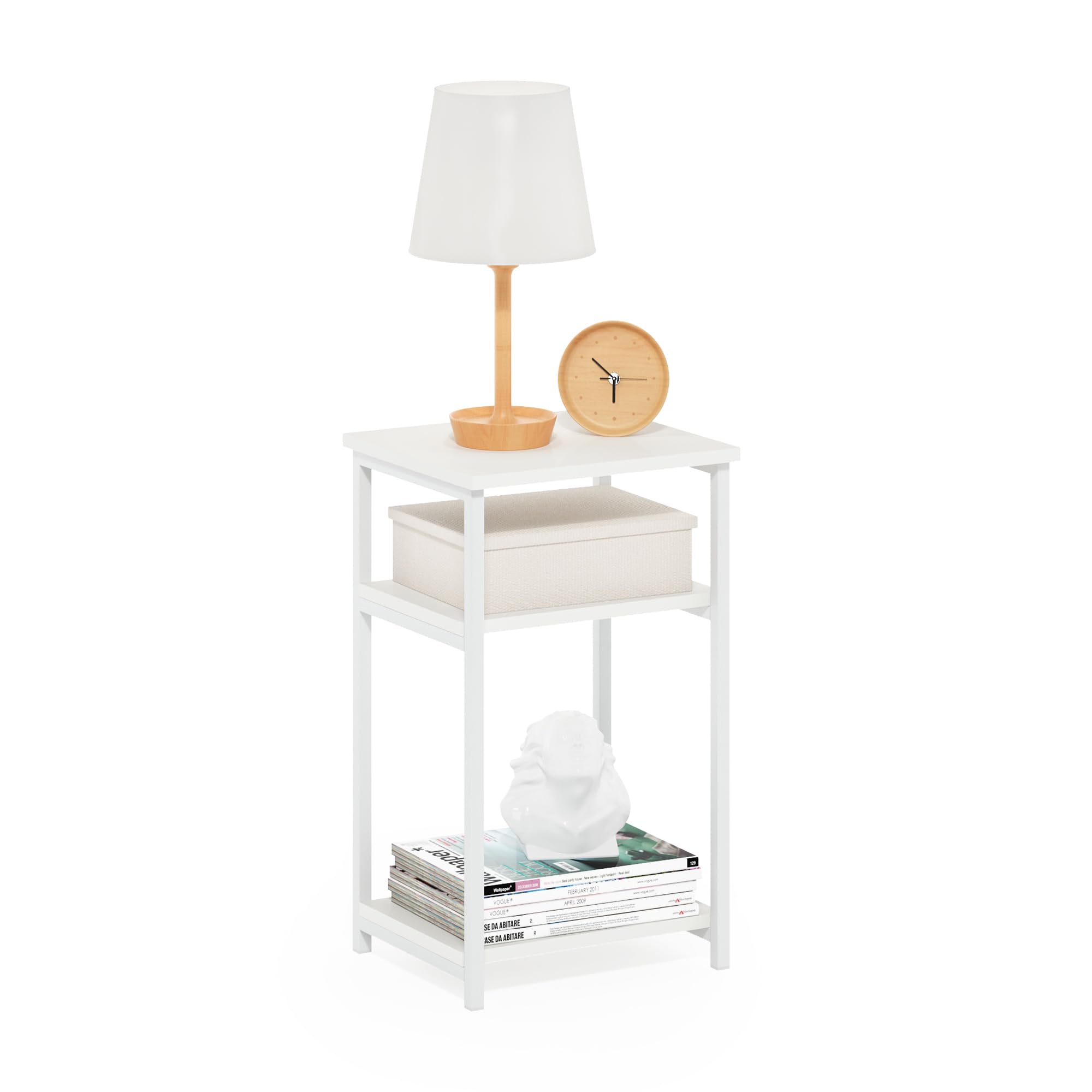 Furinno JUST Side Table, 3-Tier Metal Frame Modern End Table with Open Shelf, Night Stand, Bedside Table, for Living Room, Bedroom, White Image