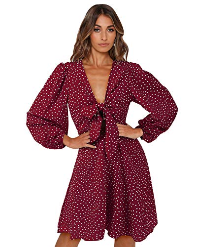 LANISEN Womens Casual V Neck Tie Knot Polka Dot Ruffles Midi Dress Long Sleeve Casual Loose Swing T-Shirt Dress Knee Length Mini Skater Dress Red S